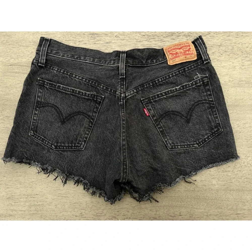 Levis 501 Original High Rise Denim Shorts Washed Black Cut Off Button Fly W28